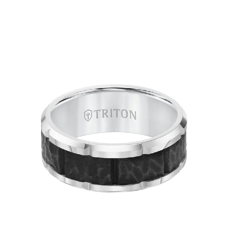 thick chain necklaces for women -9MM Tungsten Carbide Ring - Black Sandblasted Center and Bevel Edge