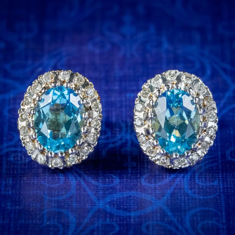 gemstone earrings for women -Victorian Style Blue Topaz Diamond Stud Earrings 9ct Gold