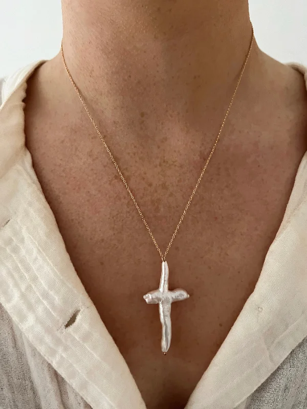 men's style necklaces for women -XL PEARL CROSS ON CHAIN NECKLACE