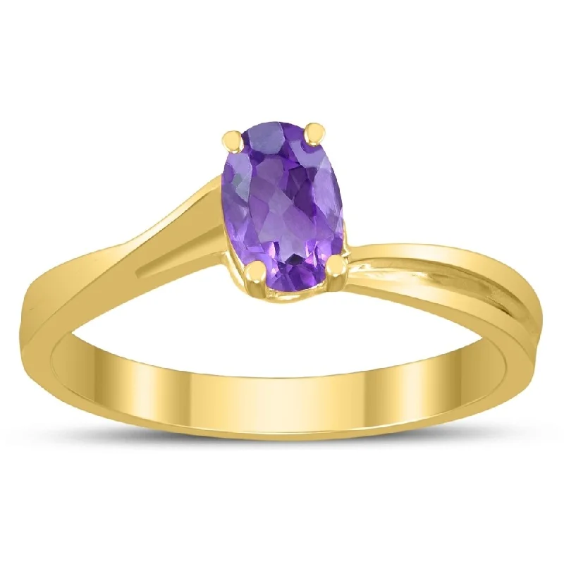 fashion engagement rings -Solitaire Oval 6X4MM Amethyst Gemstone Twist Ring in 10K Yellow Gold