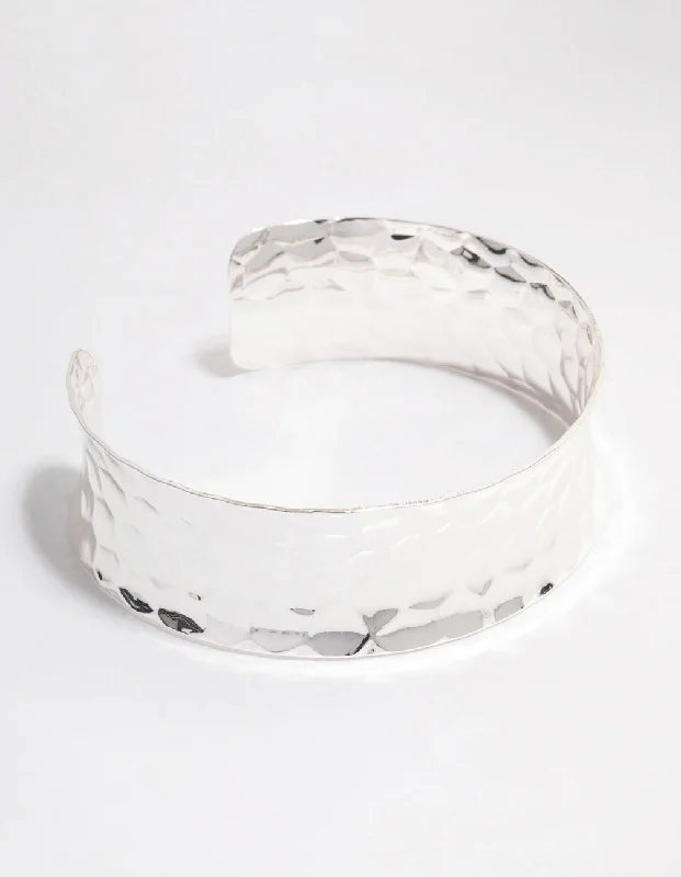 gold bangles for women -Silver Thick Hammered Open Wrist Cuff