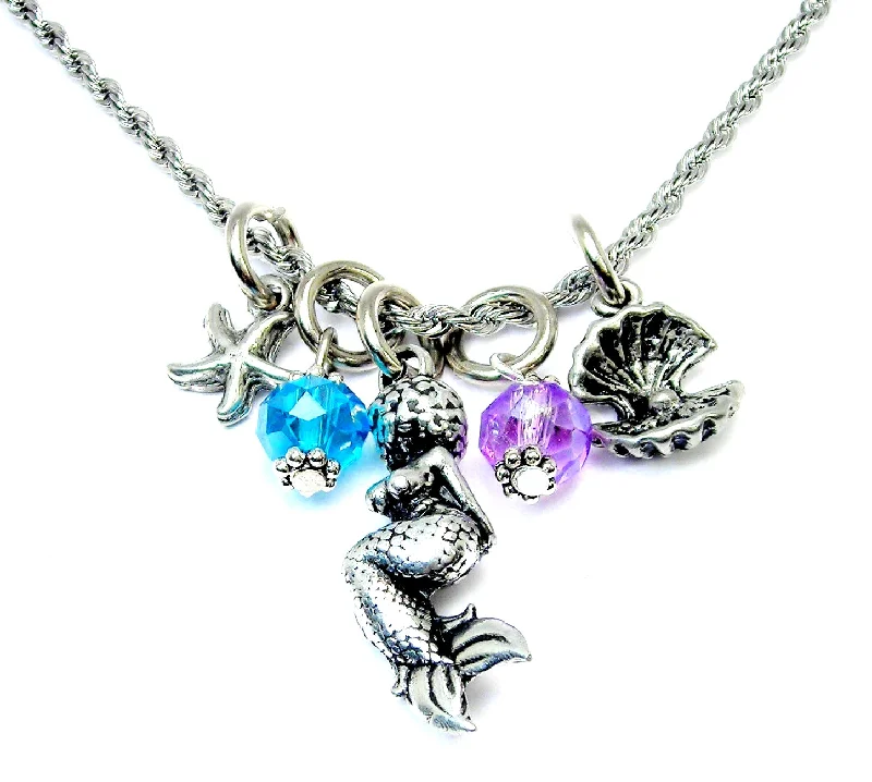 women's silver necklaces -African American mermaid with starfish and oyster20" Chain Necklace