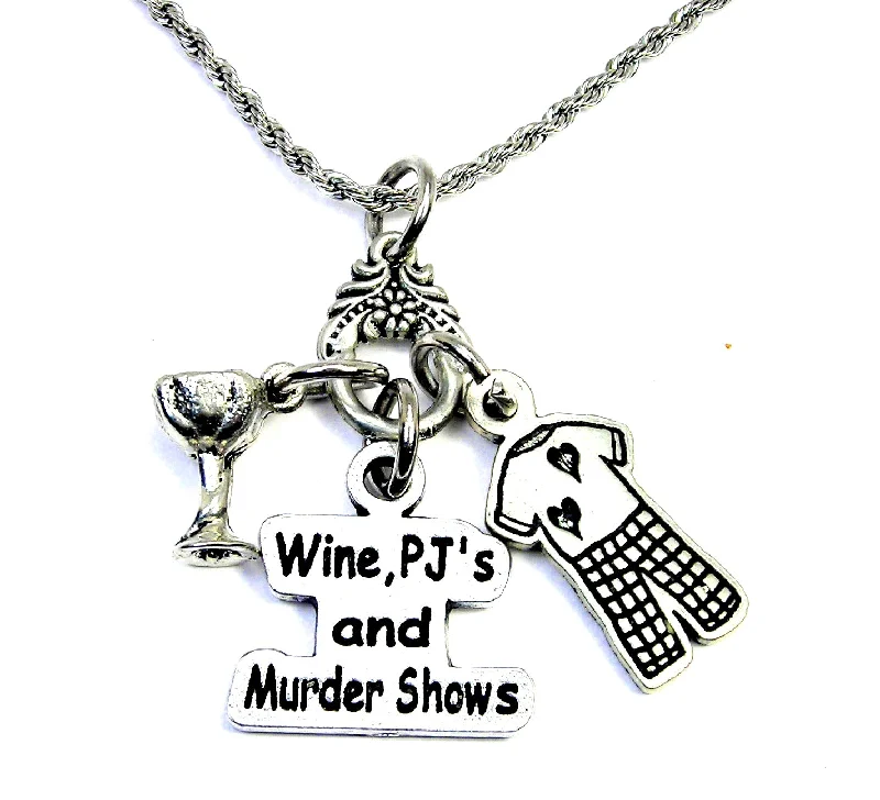 sterling silver necklaces for women -Wine PJs and murder shows Charm Holder Necklace 20" Chain Necklace