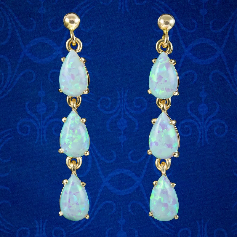 crystal earrings for women -Victorian Style Opal Drop Earrings 9ct Gold