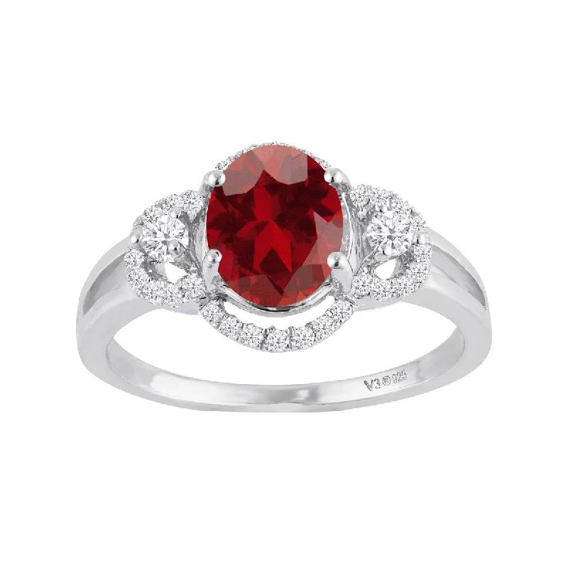 anniversary rings with diamonds -Sterling Silver with Natural Garnet and White Zircon Halo Ring