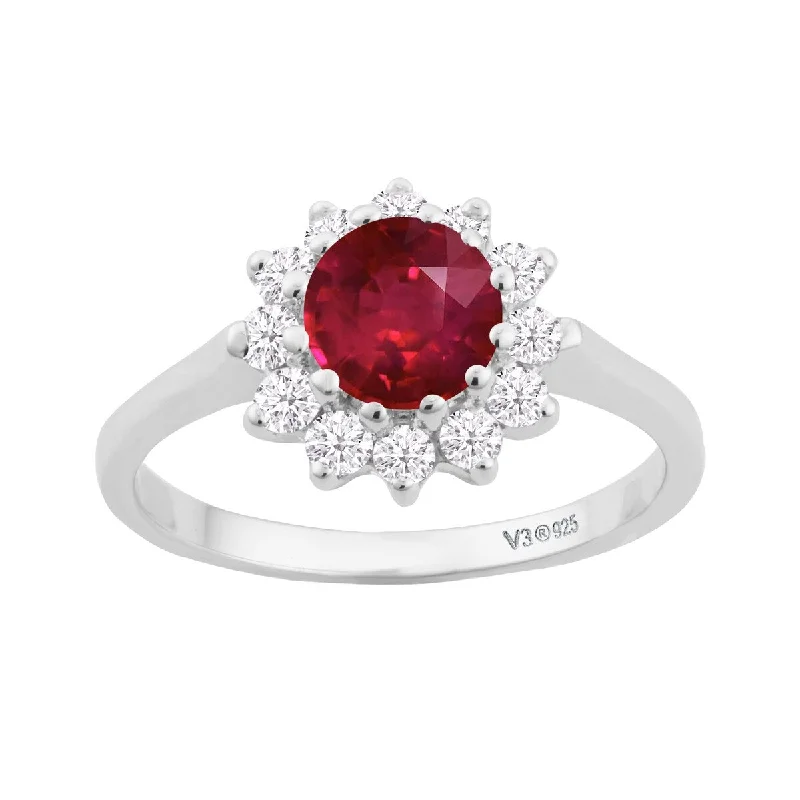 vintage engagement rings -Sterling Silver with Ruby and White Topaz Halo Ring