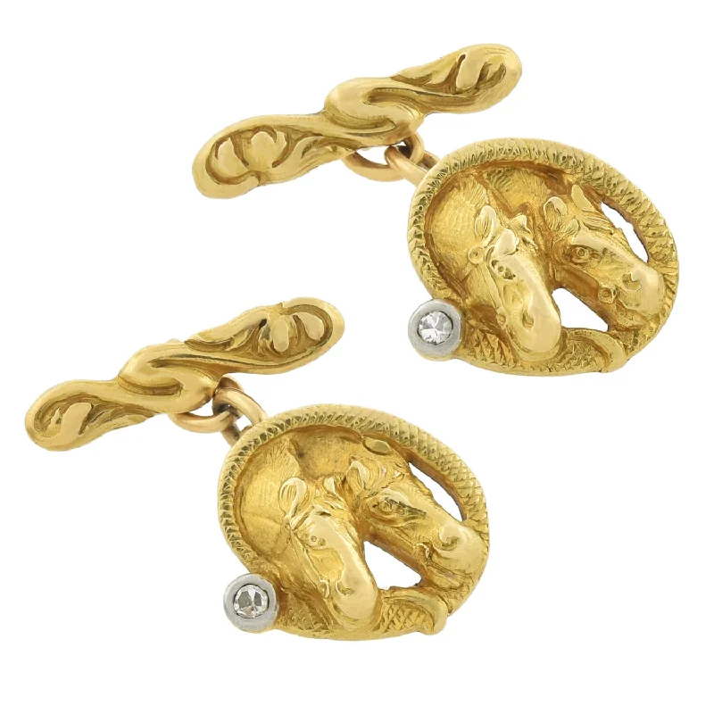 gold-tone bangles for women -Edwardian 18kt/Platinum Photo Finish Double Horse + Diamond Cufflinks