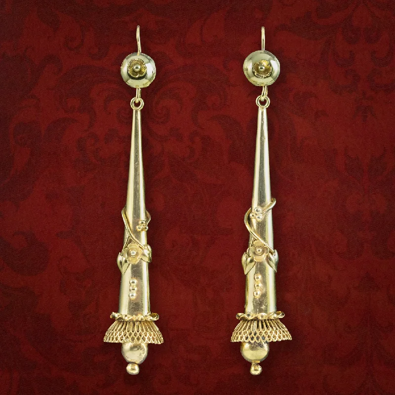 designer earrings for women -Antique Georgian Floral Drop Earrings Pinchbeck 18ct Gold Gilt