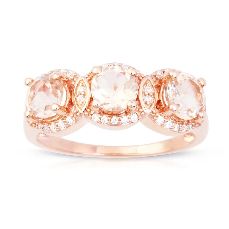 unique engagement rings for women -Morganite Gemstone 1/8ct TDW Diamond Three-Stone Halo Ring in 10k Rose Gold