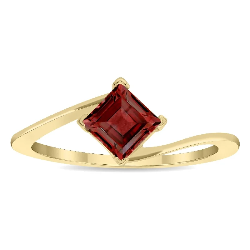 promise rings with birthstones -Women's Solitaire Square Shaped Garnet Wave Ring in 10K Yellow Gold