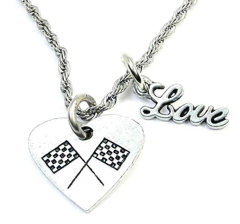 vintage necklaces for women -Crossed Race Flags In A Heart 20" Rope Necklace With Love