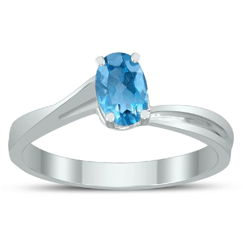 emerald rings for women -Solitaire Oval 6X4MM Blue Topaz Gemstone Twist Ring in 10K White Gold