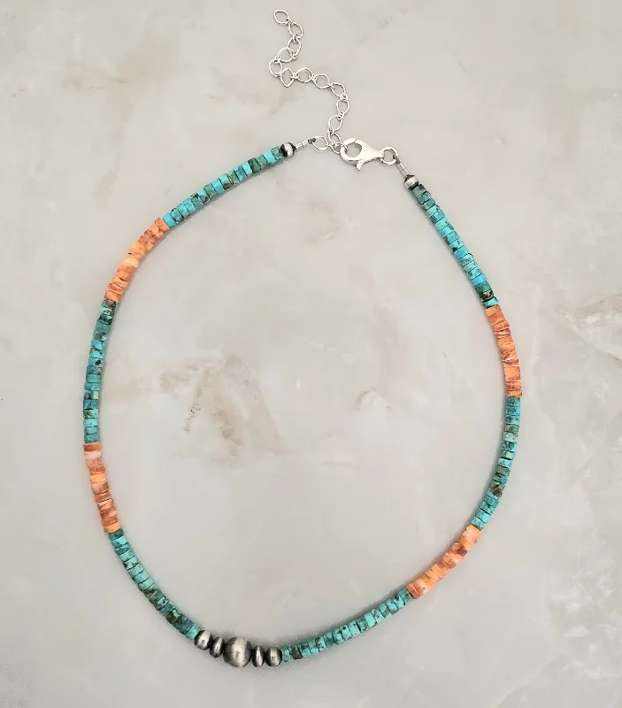 rose gold choker necklaces -Turquoise & Spiny Oyster Beaded Navajo Pearl Necklace