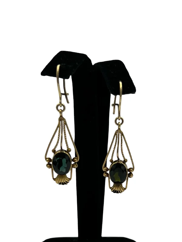 hoop earrings for women -1950s Green Tourmaline Dangling Yellow Gold Earrings