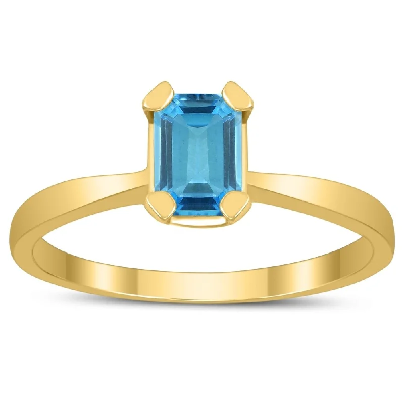 anniversary rings with diamonds -Emerald Shaped 6X4MM Blue Topaz Solitaire Ring in 10K Yellow Gold