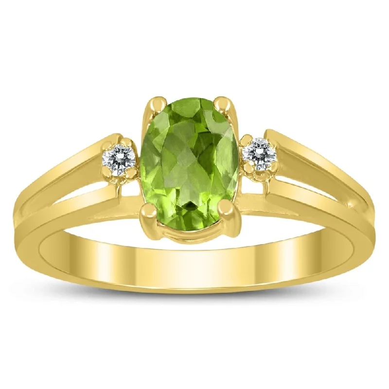 vintage wedding rings for women -7X5MM Peridot and Diamond Open Three Stone Ring in 10K Yellow Gold