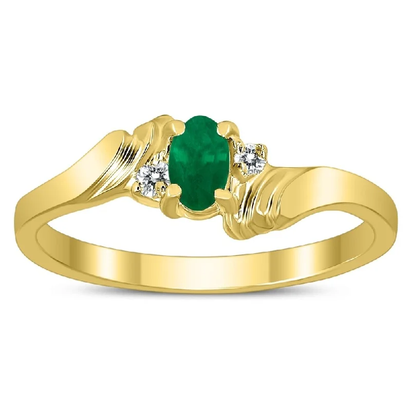 eternity diamond wedding rings -5X3MM Emerald and Diamond Wave Ring in 10K Yellow Gold