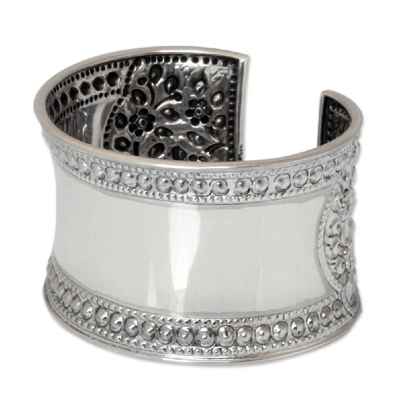 adjustable leather bangles -Handmade Lace Floral Filigree Repousse Cuff (Thailand) - Silver