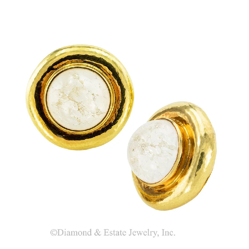 floral earrings for women -Elizabeth Gage Rock Crystal Yellow Gold Clip On Earrings