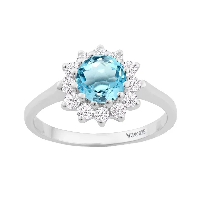 thin engagement rings -Sterling Silver with Natural Sky Blue Topaz and White Topaz Halo Ring