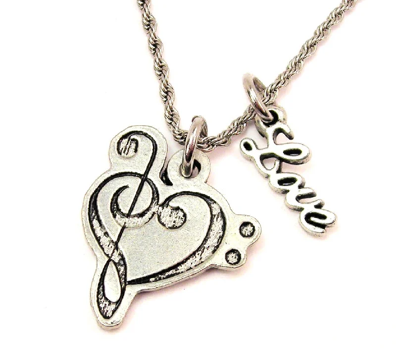 women's silver necklaces -Treble Clef Bass Clef Heart 20" Chain Necklace With Cursive Love Accent