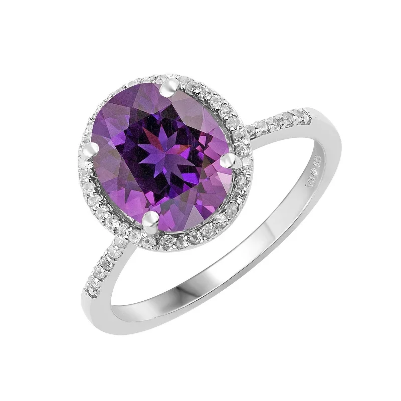 modern wedding rings for women -Sterling Silver with Natural Amethyst and White Topaz Halo Ring