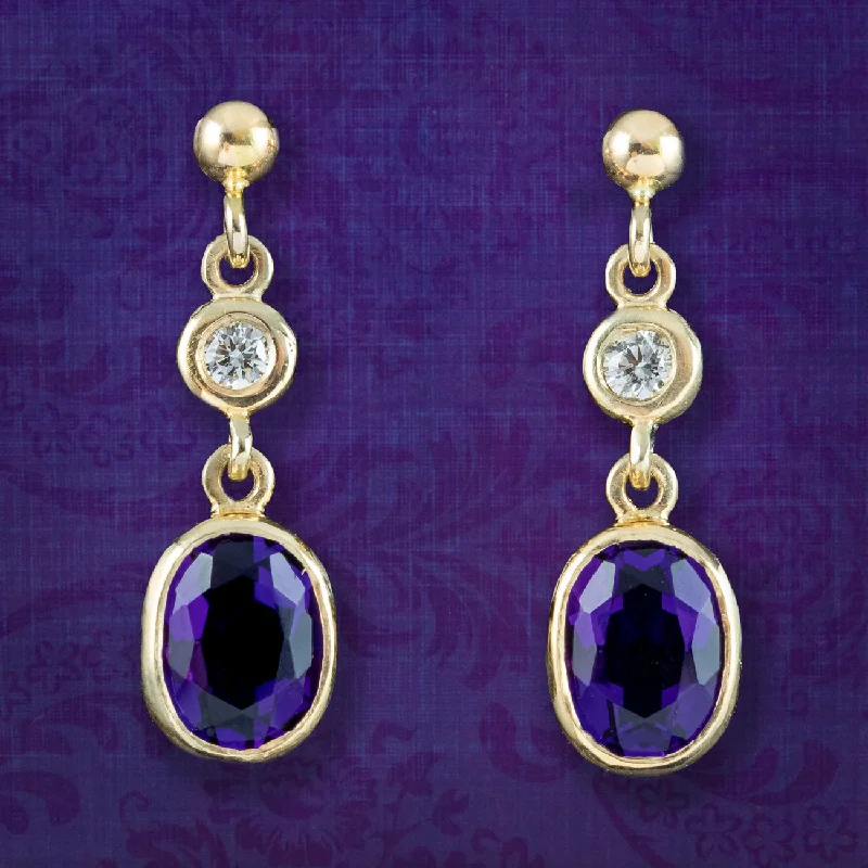 silver hoop earrings for women -Edwardian Style Amethyst Diamond Drop Earrings 9ct Gold