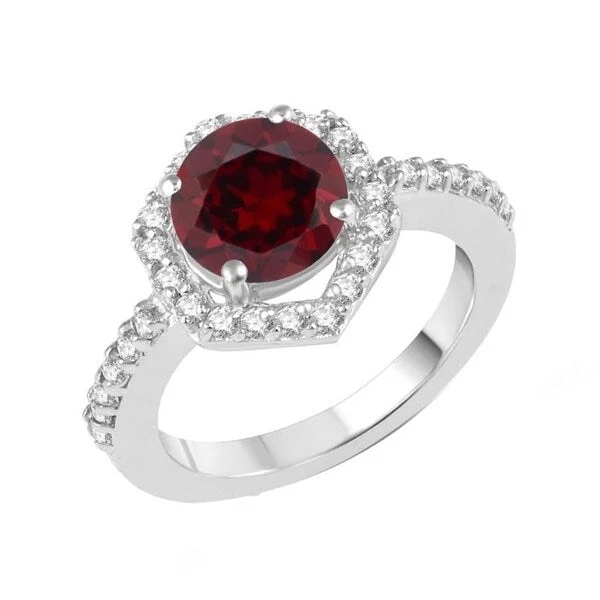 elegant diamond rings for women -Sterling Silver with Natural Garnet and White Topaz Hexagon Halo Ring