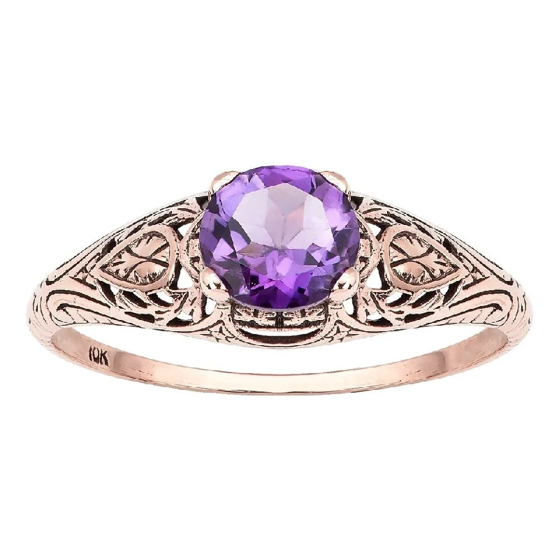 thin engagement rings -Viducci 10k Rose Gold Vintage Style Genuine Amethyst Scroll Ring