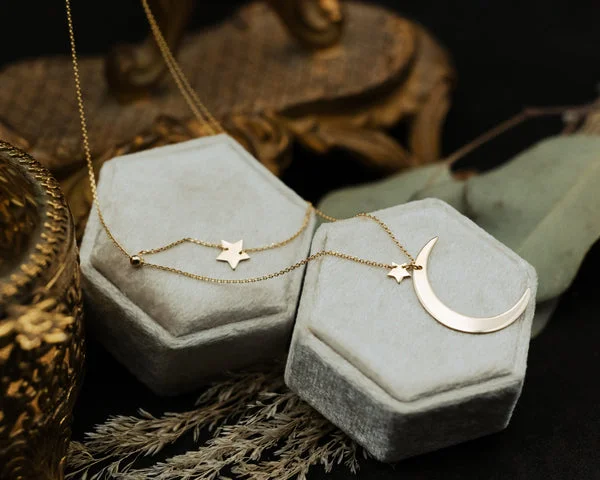 handmade necklaces for women -CRESCENT MOON NECKLACE WITH STAR STATIONS IN 14K YELLOW GOLD