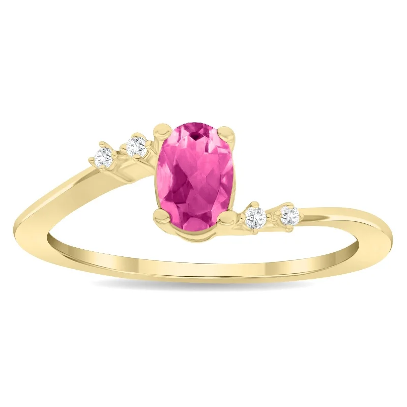 gold plated rings for women -Women's Oval Shaped Pink Topaz and Diamond Tierra Ring in 10K Yellow Gold