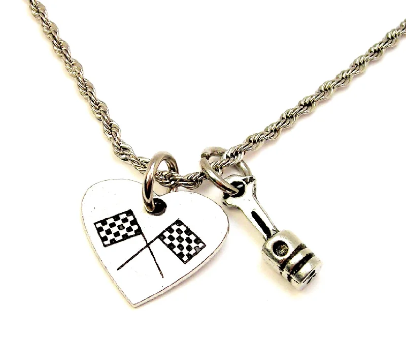 women's gold necklaces -Crossed Race Flags In A Heart  With 3d motor piston 20" Rope Necklace