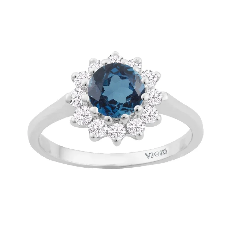 vintage solitaire rings -Sterling Silver with Natural London Blue Topaz and White Topaz Halo Ring