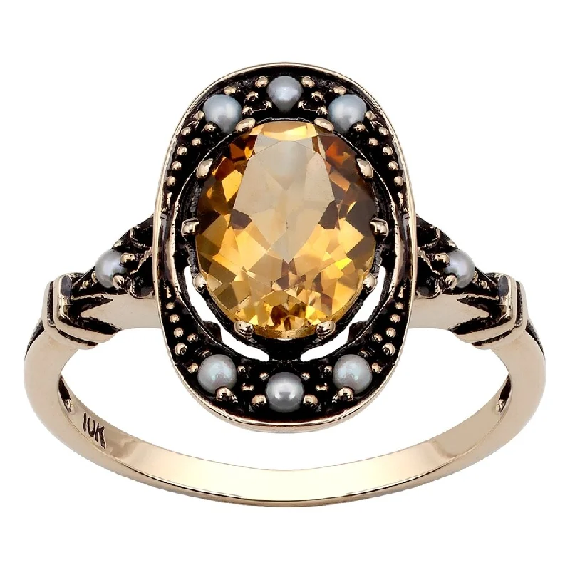 art deco rings for women -Viducci 10k Yellow Gold Vintage Style Genuine Citrine and Pearl Ring