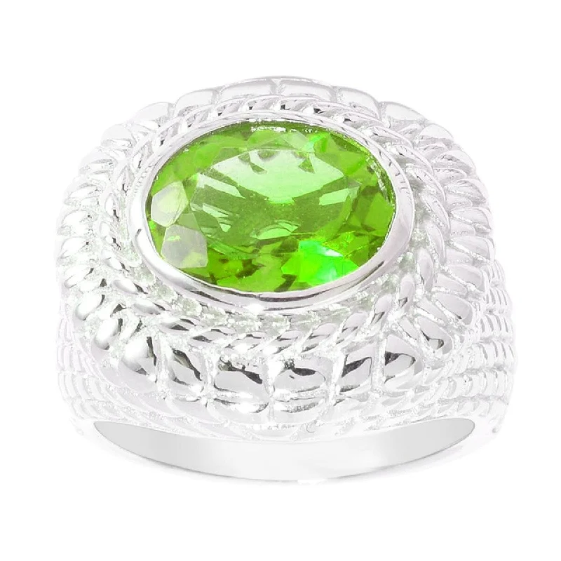 unique gemstone rings -Sterling Silver Natural Oval Peridot Wide Textured Ring