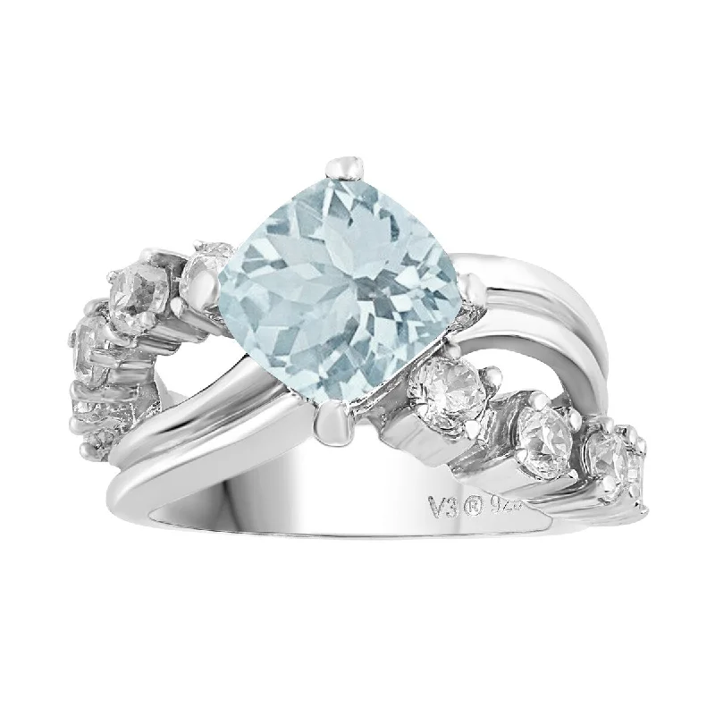 wedding rings for women -Sterling Silver with Natural Aquamarine and White Topaz Halo Ring