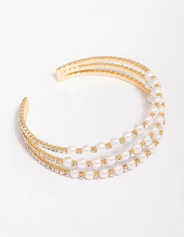 trendy bracelets for women -Gold Plated Triangular Cubic Zirconia Pearl Wrist Cuff