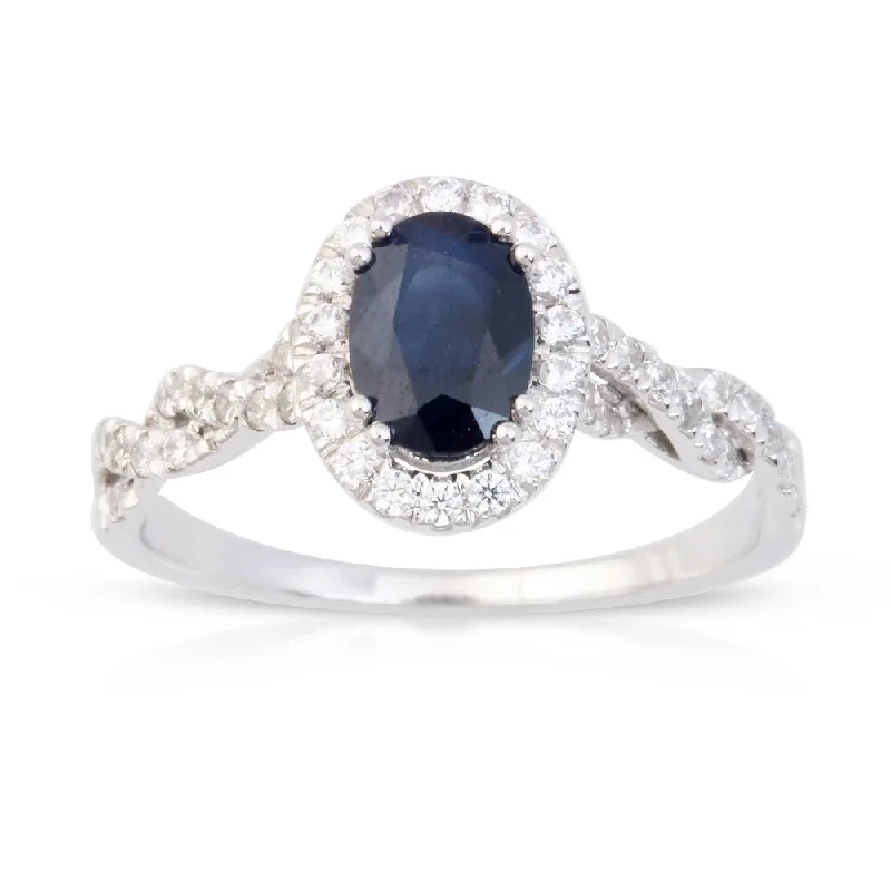 colorful gemstone rings -Oval Cut Sapphire Gemstone 1/3ct TDW Diamond Halo Ring in Silver