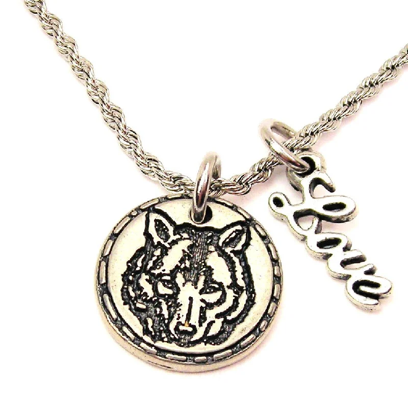 rose gold choker necklaces -Wolf Face Circle 20" Chain Necklace With Cursive Love Accent