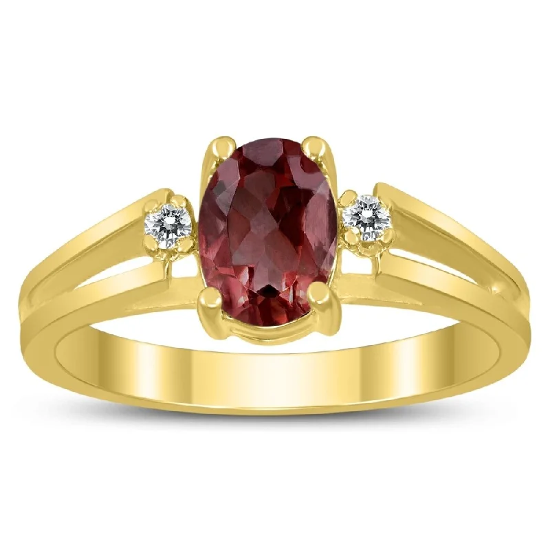 wedding bands for women -7X5MM Garnet and Diamond Open Three Stone Ring in 10K Yellow Gold