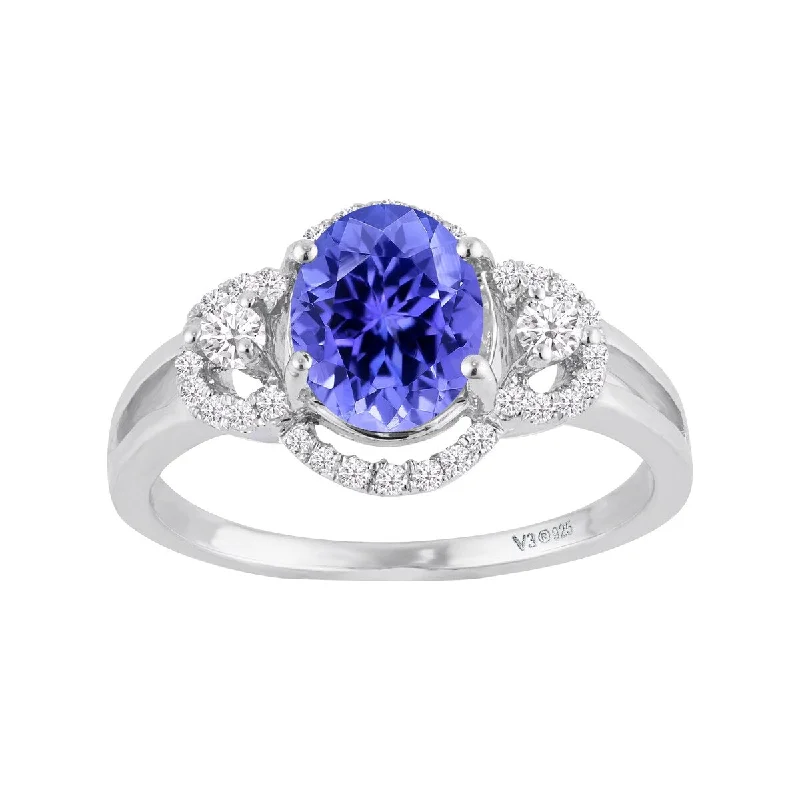 anniversary rings for women -Sterling Silver with Natural Tanzanite and White Zircon Halo Ring