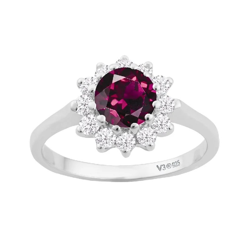 gemstone rings for women -Sterling Silver with Natural Rhodolite Garnet and White Topaz Halo Ring