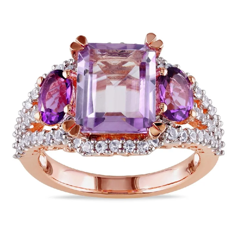 luxury wedding rings -Miadora Rose-plated Silver Created White Sapphire, Rose de France and Amethyst Ring