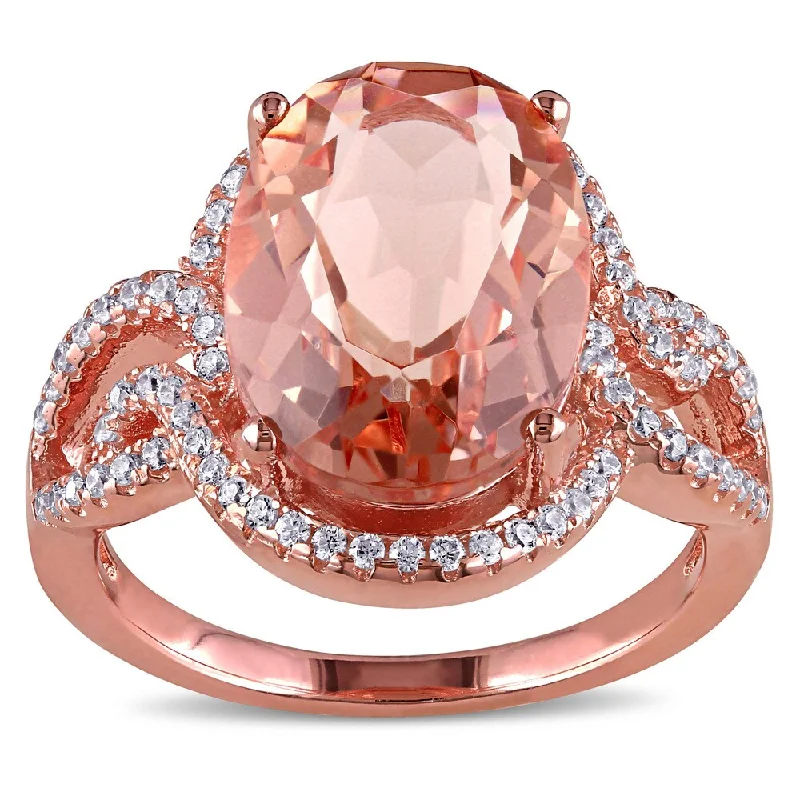 engagement rings for women -Miadora Rose-plated Sterling Silver Rose Glass and Cubic Zirconia Halo Split Shank Ring - Pink