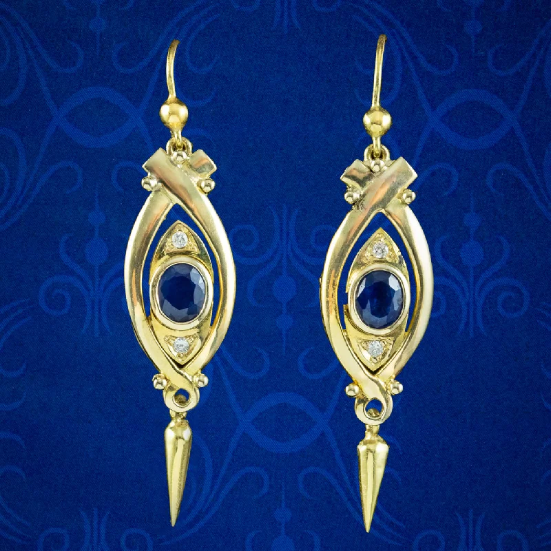 chunky earrings for women -Vintage Sapphire Diamond Drop Earrings 14ct Gold