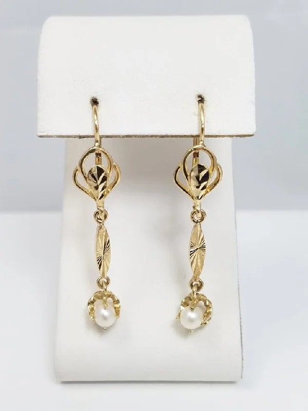 minimalist gold earrings for women -Fancy 10k Yellow Gold Cultured Dangle Earrings