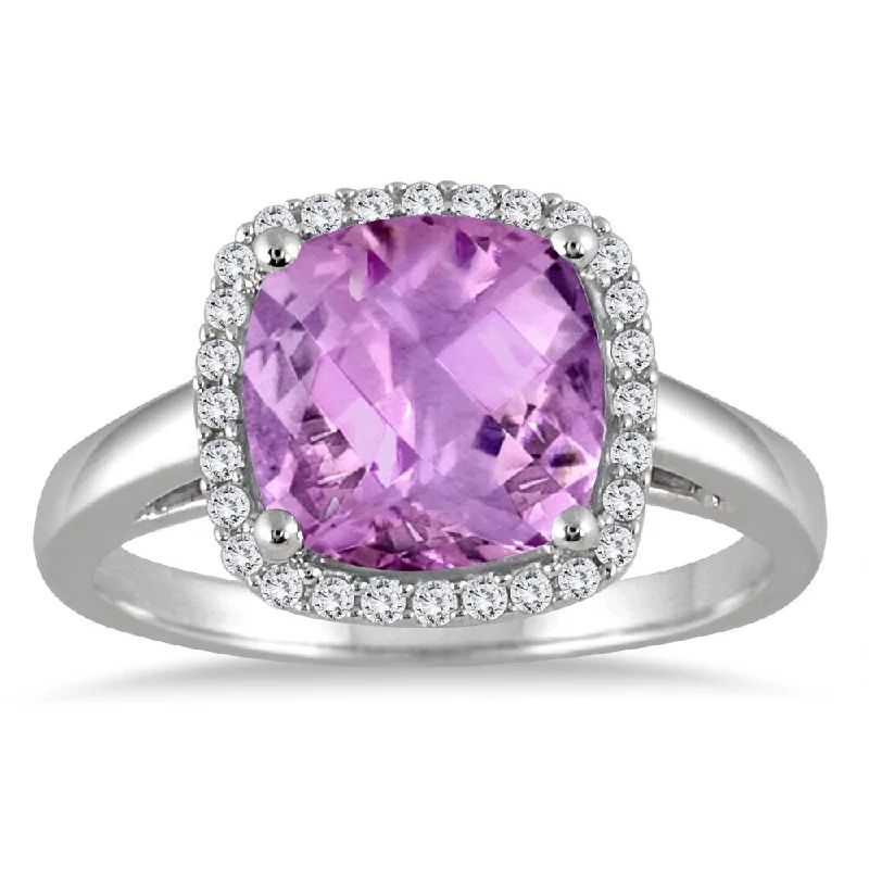 vintage solitaire diamond rings -2.80 Carat Cushion Cut Amethyst and Diamond Halo Ring in 10K White Gold