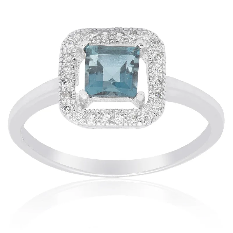 engagement rings for brides -Dolce Giavonna Sterling Silver London Blue Topaz and Cubic Zirconia Square Solitaire Ring