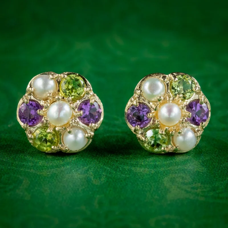 unique stud earrings for women -Edwardian Suffragette Style Cluster Stud Earrings 9ct Gold