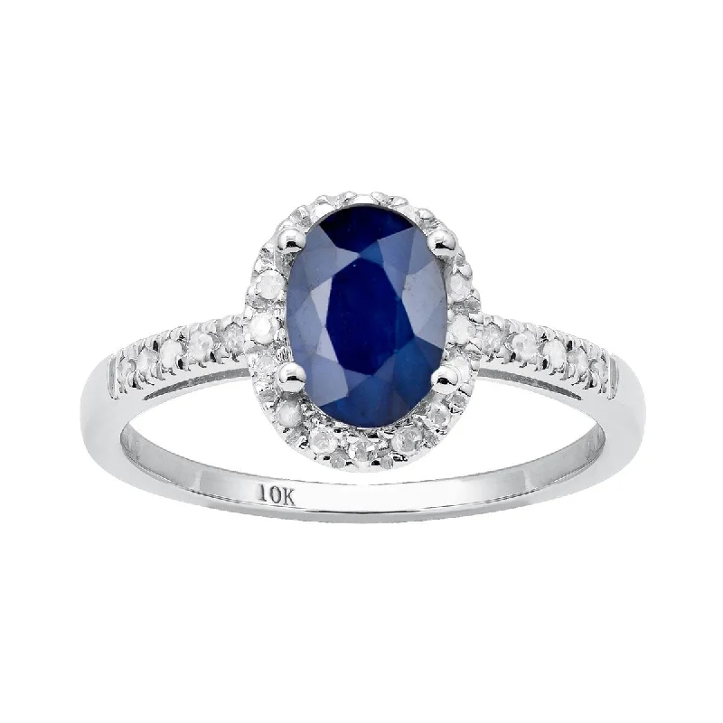 simple wedding rings for women -Viducci 10k White Gold Genuine Sapphire and 1/8ct Diamond Halo Ring (G-H, I1-I2)